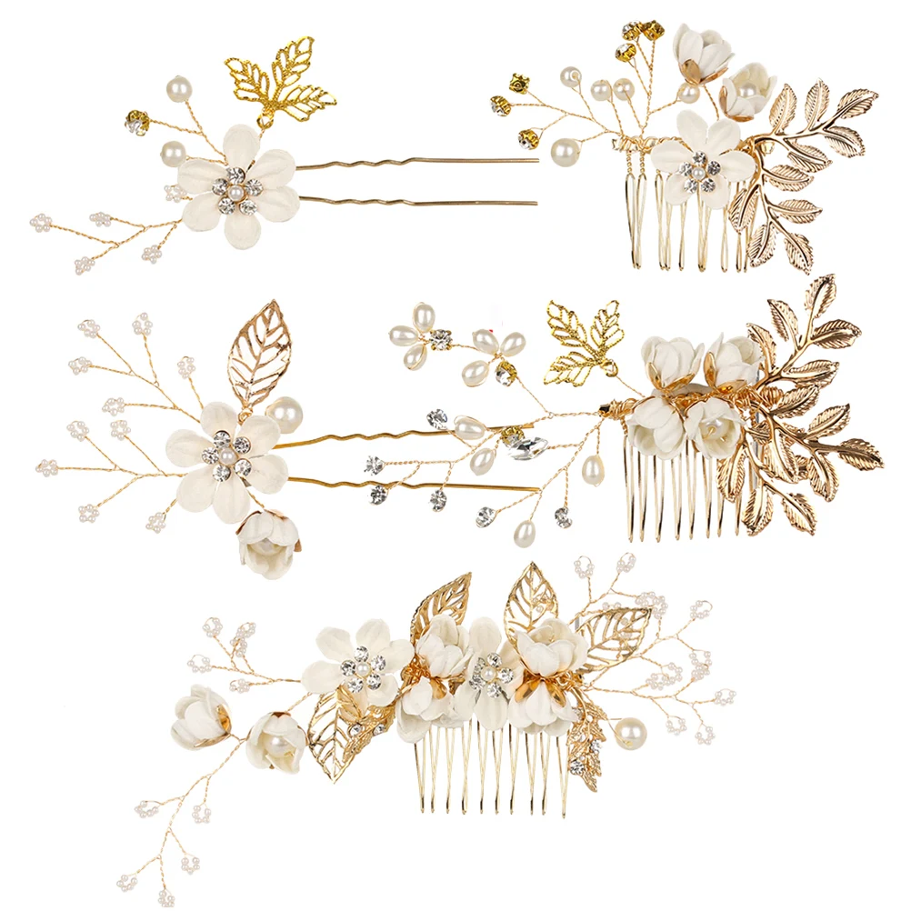 

5pcs Pearl Hair Comb Bridal Hairpin Set White Pearl Crystal Wedding Vines Headdress Bridesmaid Accessories Prom Party