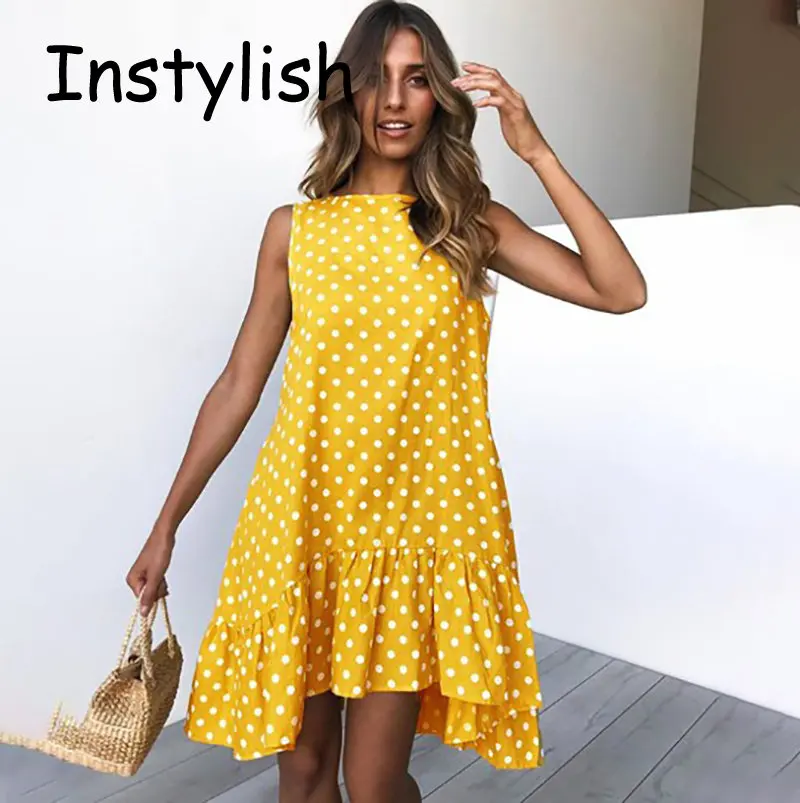 

Women Summer Sleeveless O Neck Polka Dot Chiffon Dress Elegant Ruffles Loose Mini Dress Casual Beach Party Sundress Vestidos