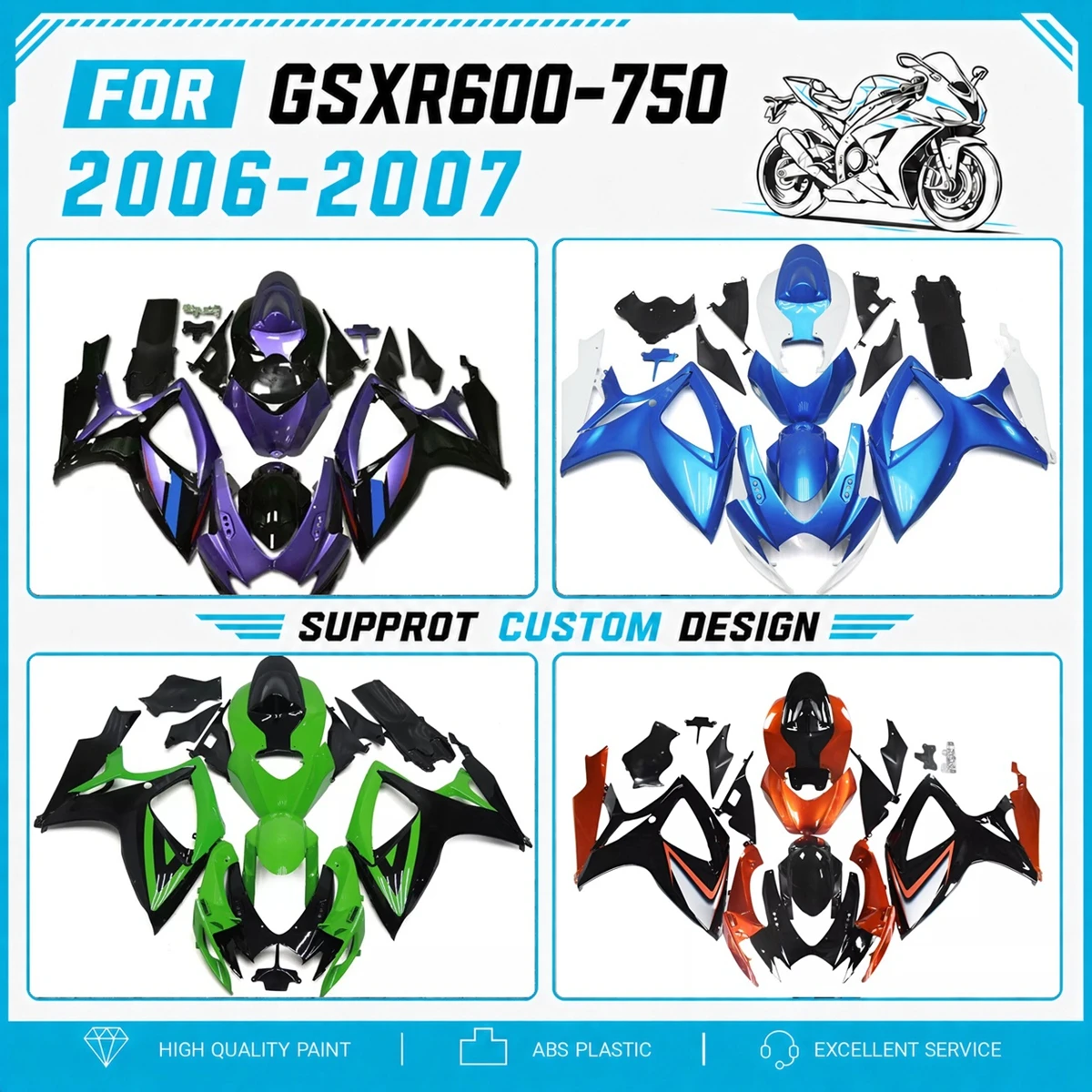 For GSXR600 GSXR750 2006 2007 06 07 Aftermarket Motorcycle Fairings Plastics Multiple Designs Body Parts Set