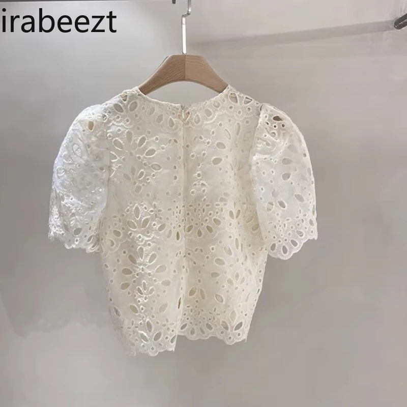 Chemise en dentelle évidée à fleurs pour femmes, chemisier blanc, manches bouffantes, solide, document, col rond, décontracté, été, nouveau, 2024