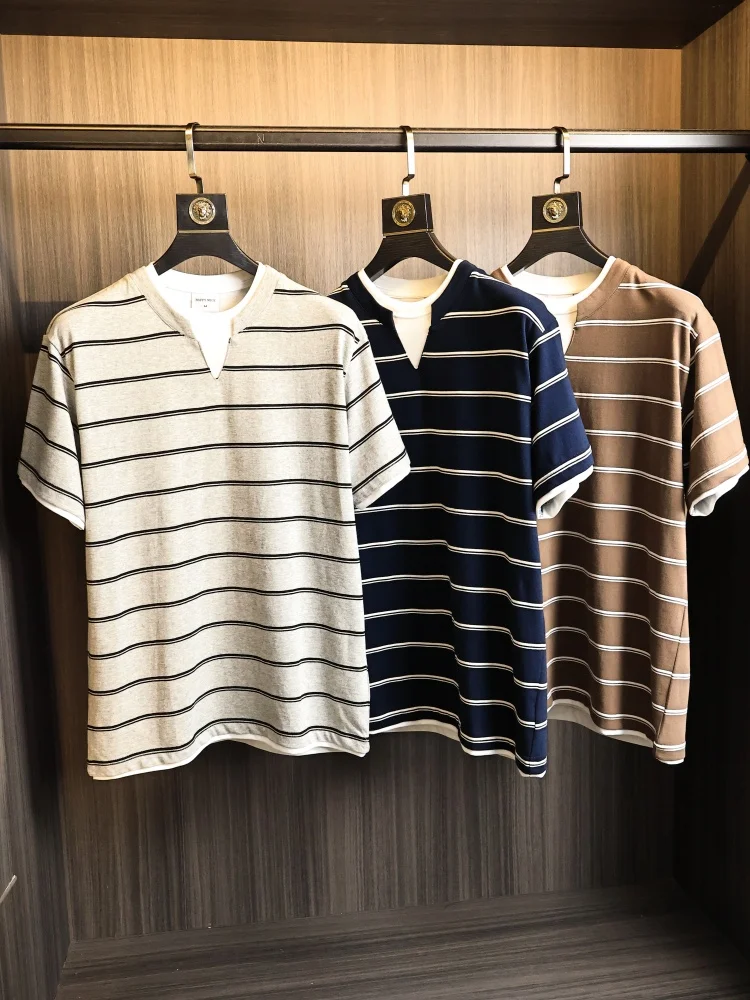 

Line Soft Stretchy Summer Men's Vintage Striped Fake Two-Piece Breathable round Neck Short Sleeve Trendy T-Shirt