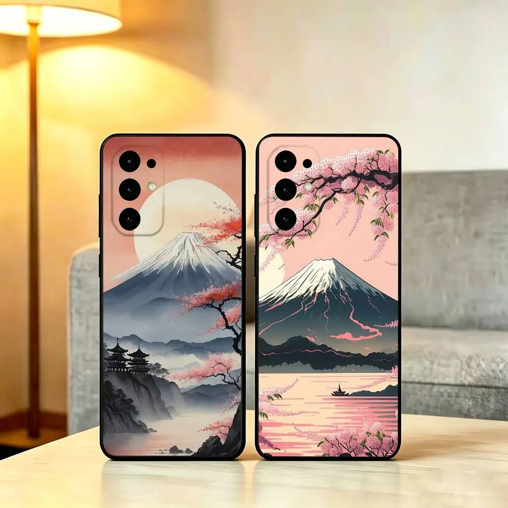 Japan Mount F-Fuji Cherry Phone Case Soft black For Samsung S25,S24,S21,S22,S23,S30,Ultra,S20,Plus,Fe,Lite