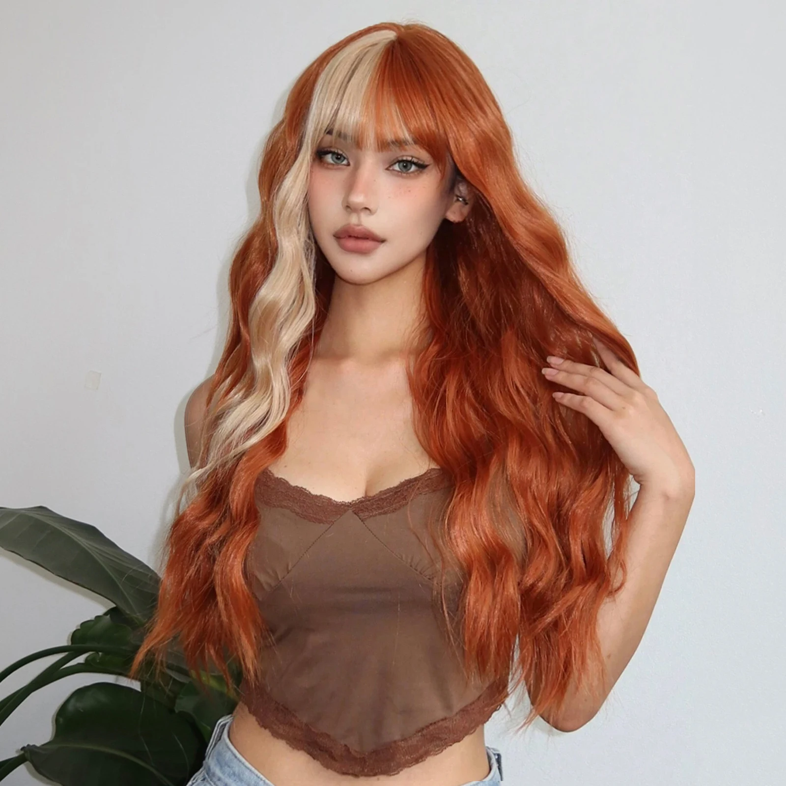 Afbeelding 3: LOUIS FERRE Oranje Blonde Cosplay Halloween Pruiken Lange Golvende Synthetische Pruik Met Pony Voor Vrouwen Party Lolita Gebruik Hittebestendige