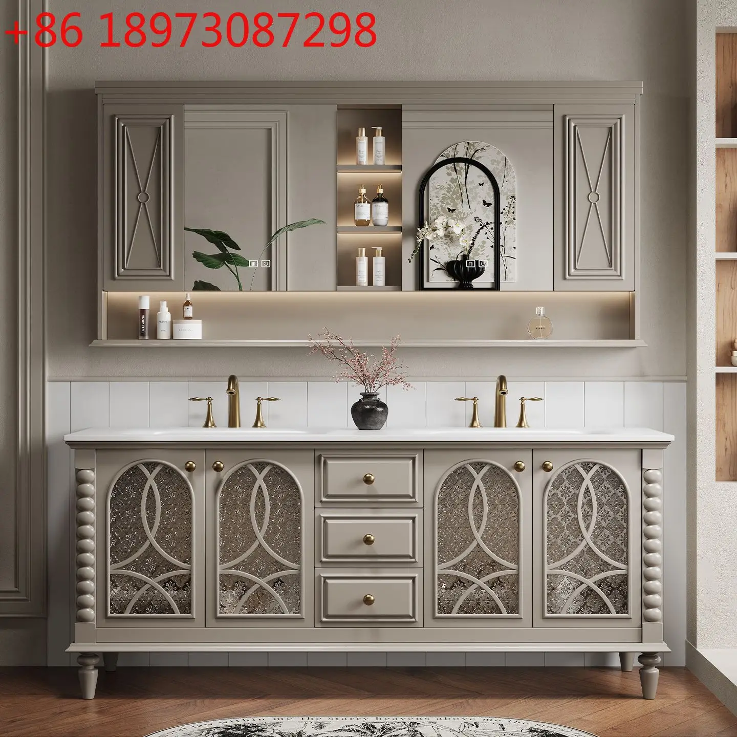 

American French vintage floor-to-ceiling bathroom combination toilet oak washbasin cabinet