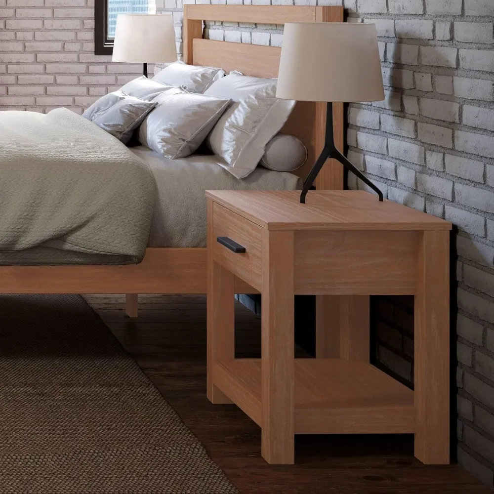 #Solid Wood Loft Style Nightstand with Acacia Finish for Bedroom Storage