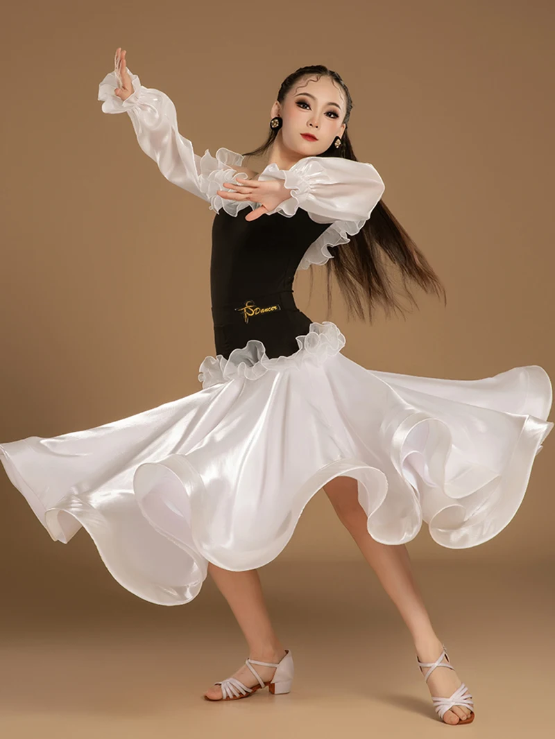 Girls Stringy Mesh Modern Dance Waltz Art Exam Dress Ballroom Competition Training Dress National Standard Dancewear Costume