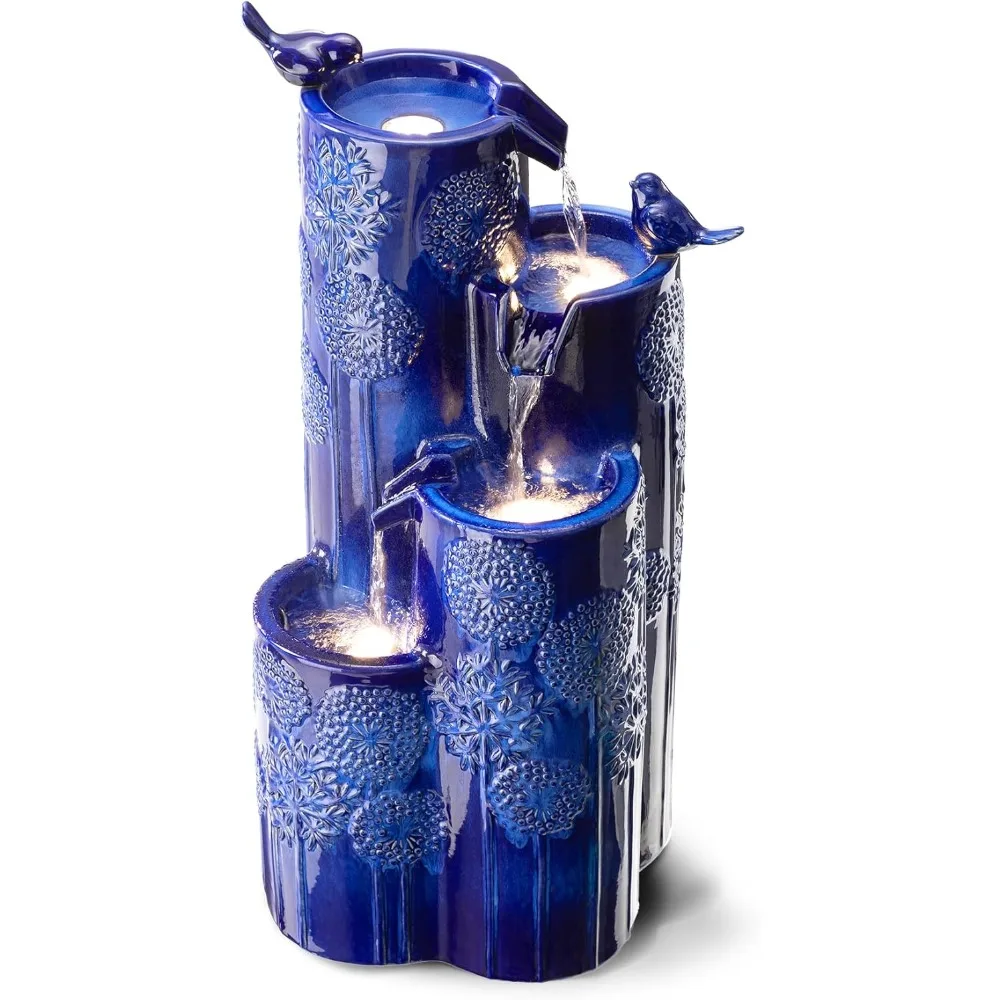 

32 H Outdoor Water Fountain with LED Lights and Pump, 4 Tier Ceramic Cobalt Blue Dandelion Texture Outdoor Fountains
