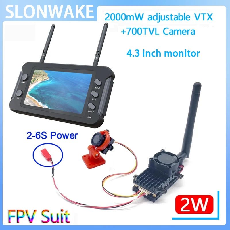 5.8G FPV Monitor 800*480 with DVR 40CH and Long Range 5.8G 2W FPV Wireless VTX Transmitter + 1.4mm CMOS 700TVL Camera for RC