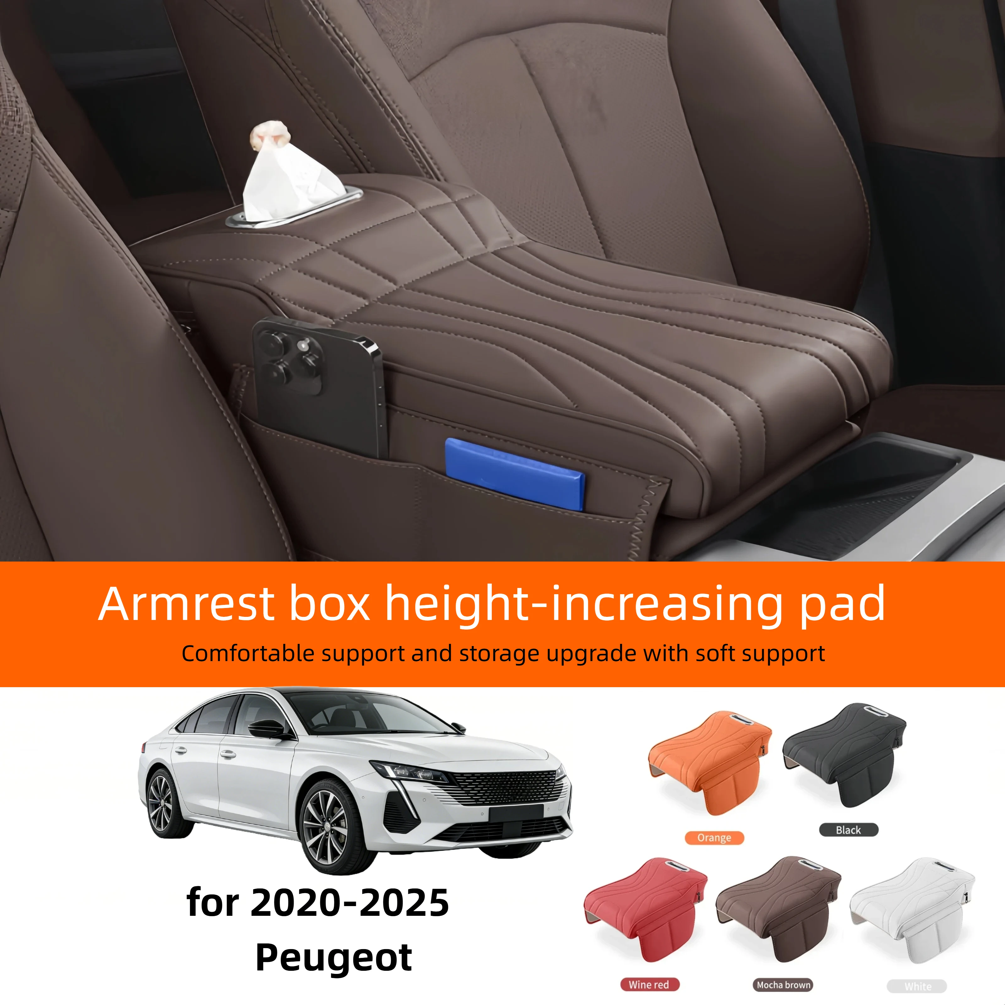 Car Central Armrest Cushion  for Peugeot 508/308/2008/3008/4008 - Thickened Heightened Protective Cover with Tissue Storage