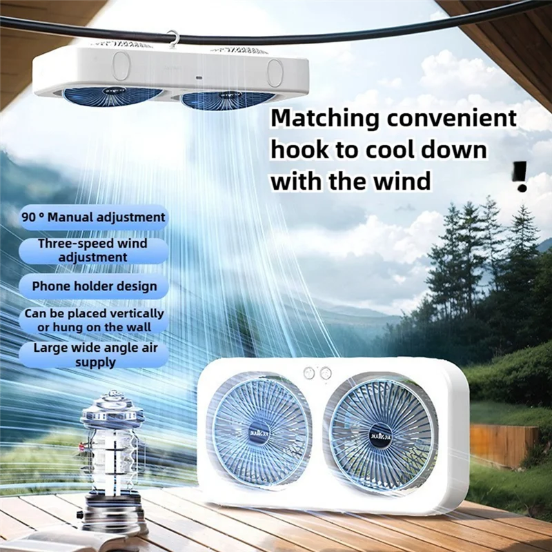 كتم الصوت، مروحة مكتب مزدوجة الرأس قابلة للتعليق، USB من النوع C، مبرد هواء قابل لإعادة الشحن، 3 سرعات، أخضر قابل للتعديل