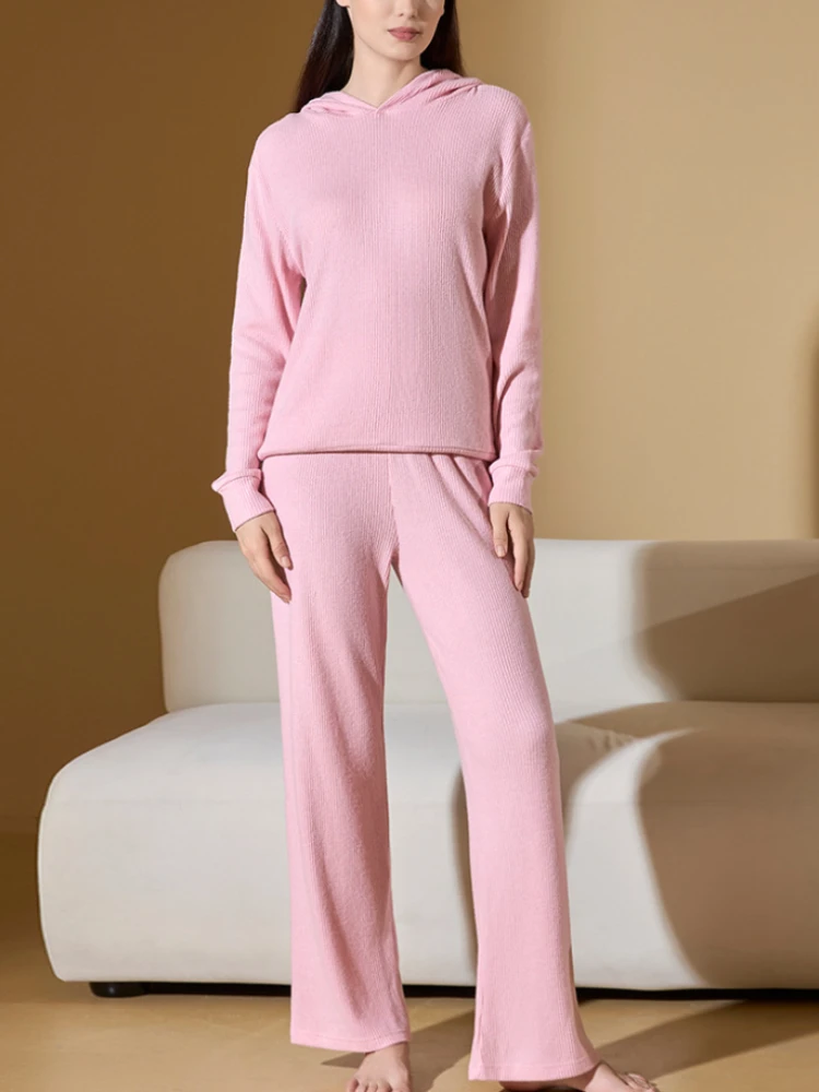 2Pcs/Set Sweater Pants Suit Thread Hooded Solid Color Knitted Pockets Elastic Waist Wide Leg Home Wear Fall Winter Pajamas Set