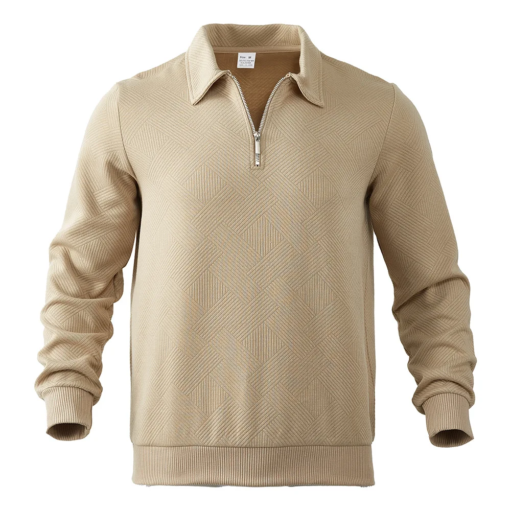New Spring and Autumn Men’s Half-Zip Jacquard Polo Sweatshirt— Waffle Texture, Lapel Collar