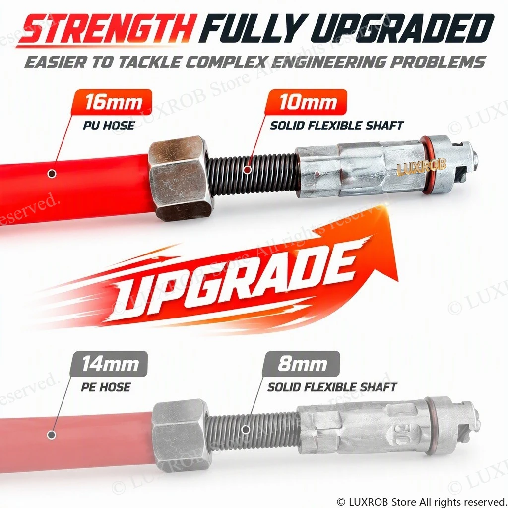 10mm 65Mn Solid Flex Shaft 16mm PU Pipe Cleaning Hose Heavy Duty Sewer Drain Cleaner Snake With Electric Drill Adapter Cutters