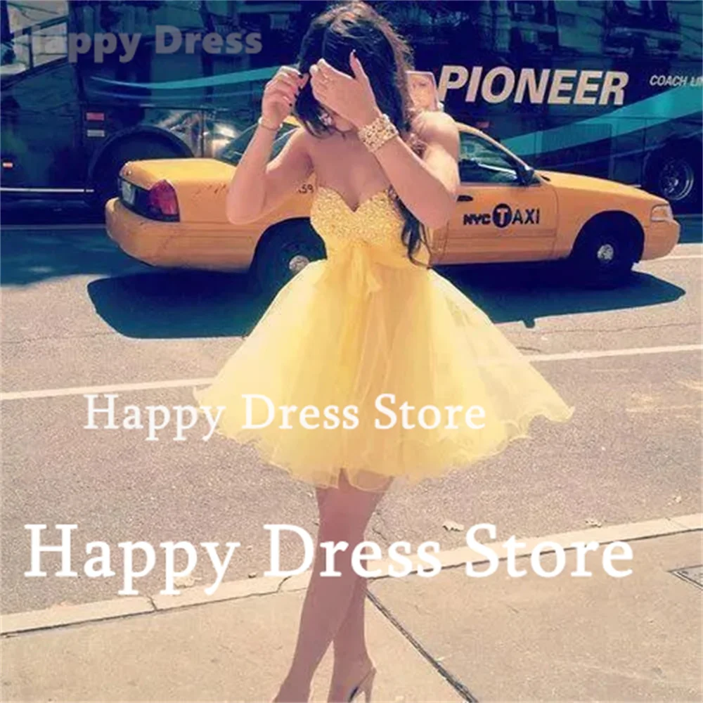 2024New Mini Prom Dress Yellow Sweethear Neck Sexy Short A-Line Homecoming Dress Evening Dress Lace Appliques Cocktial Gow