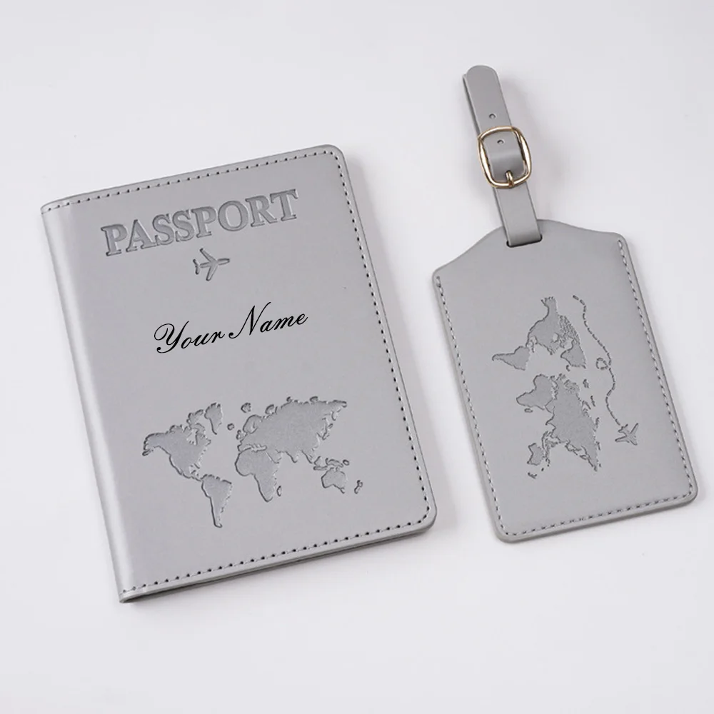 Custom Name Passport Holder and Luggage Tag Set PU Leather Map Travel Cover for Women Wedding Honeymoon Gift Pink