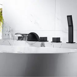 3-5PC Black Brass Waterfall Bathtub Faucet Widespread Tub Sink Tap Three Handles Hot Cold Water Mixer Bathroom Shower Faucet