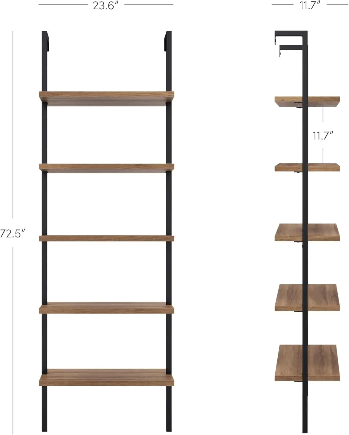 James Theo 5-Shelf Oak Wood Modern Bookcase, Open Wall Mount Ladder Bookshelf with Industrial Black Metal Frame