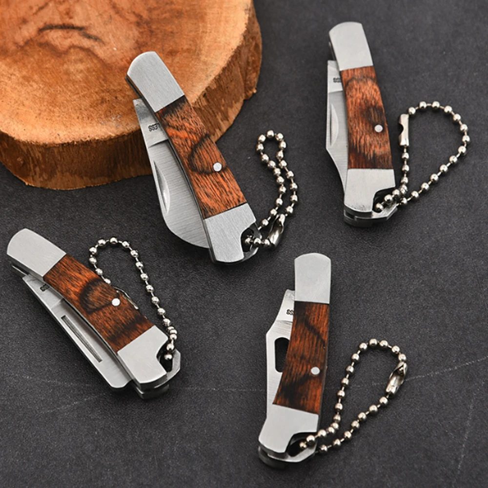 Portable Wooden Handle Stainless Steel Shaped Knife Camping Outdoor Survival Tools Self-defense Folding Pocket Knife Mini Knife