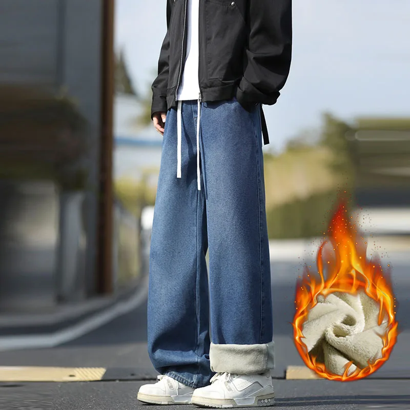 شتاء جديد الصوف الرجعية الجينز شارع العليا العصرية فضفاضة الدافئة سميكة مستقيم الدينيم السراويل الشباب موضة تنوعا السراويل اليومية