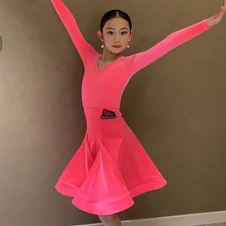 Fluorescence Color Velvet Latin Dance Clothes Girls Long SLeeves Competition Dress Professional Performance Costume DNV21122