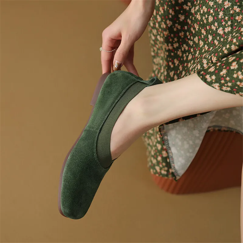 2023 Spring Women Casual Shoes Cow Suede Low Heels Shoes for Women Square Toe Chunky Heel Shoes Soft and Comfortable Women Pumps