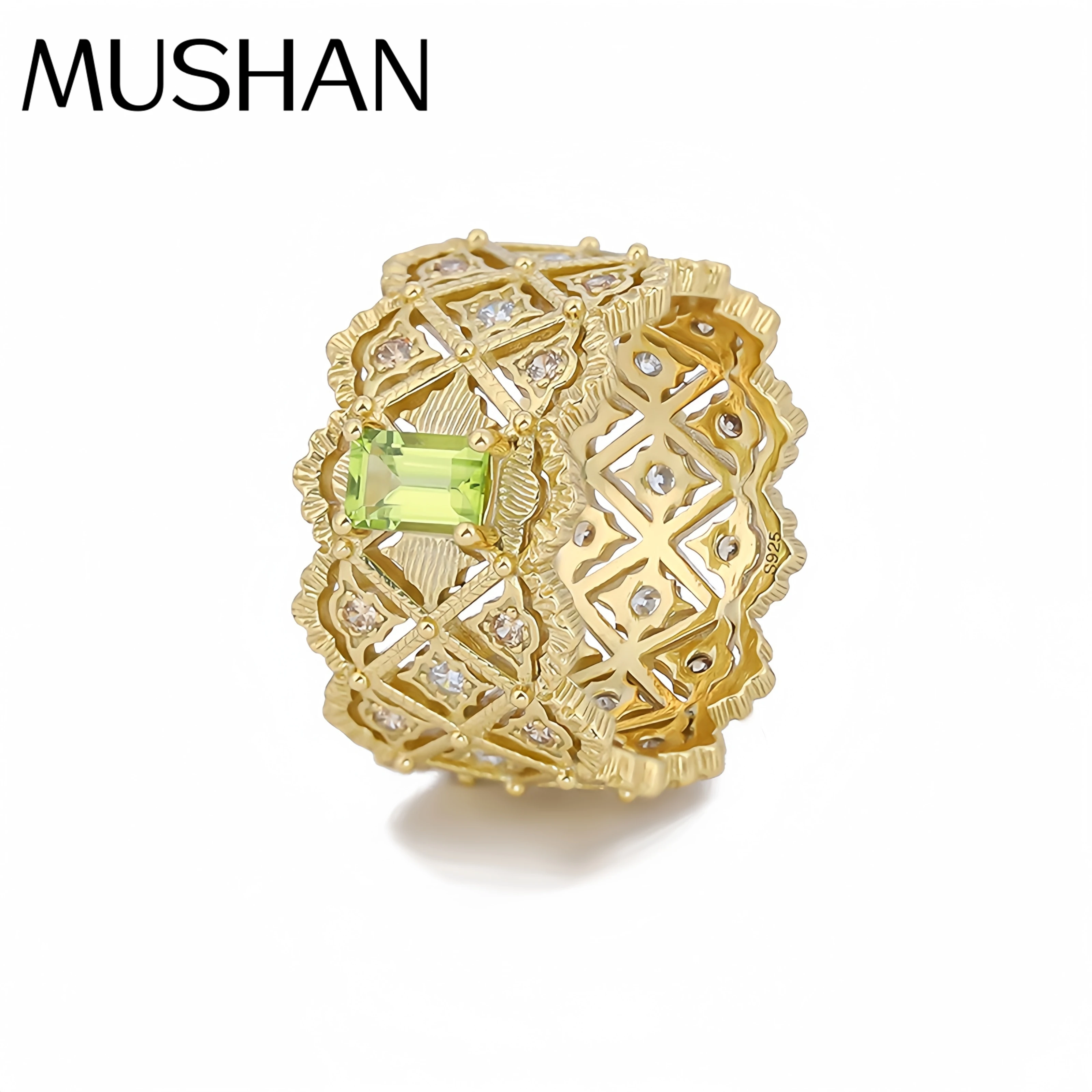 

Роскошный бренд Mushan, потоковое кольцо из чистого серебра, выдолбленное кружевное кольцо, новое кольцо из чистого серебра с натуральным драгоценным камнем, ретро-ювелирные изделия