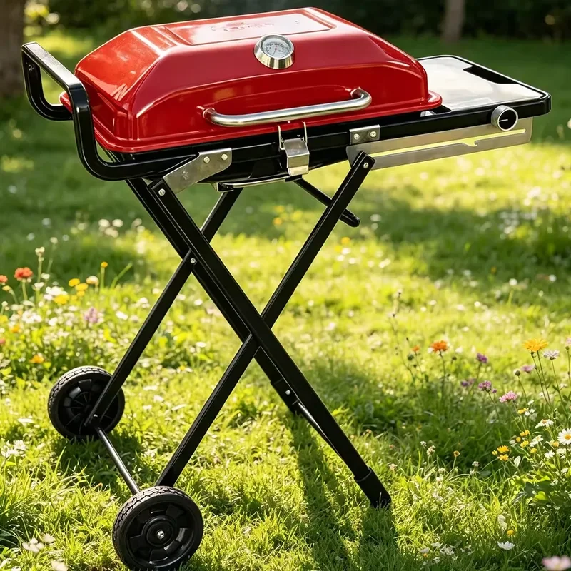 

Portable Gas Grill with Wheels for Outdoor Camping Windproof Large-Capacity Folding Mobile Barbecue Rack BBQ