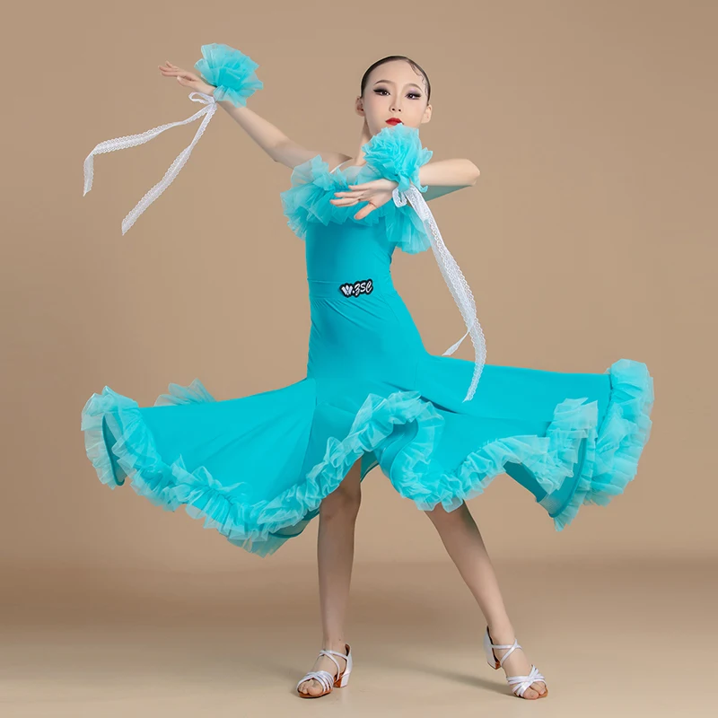 2025 Girls Strap Lace Big Swing Fishbone Dress Ballroom Dance Competition Clothing Waltz Modern Performance Costumes DN22530