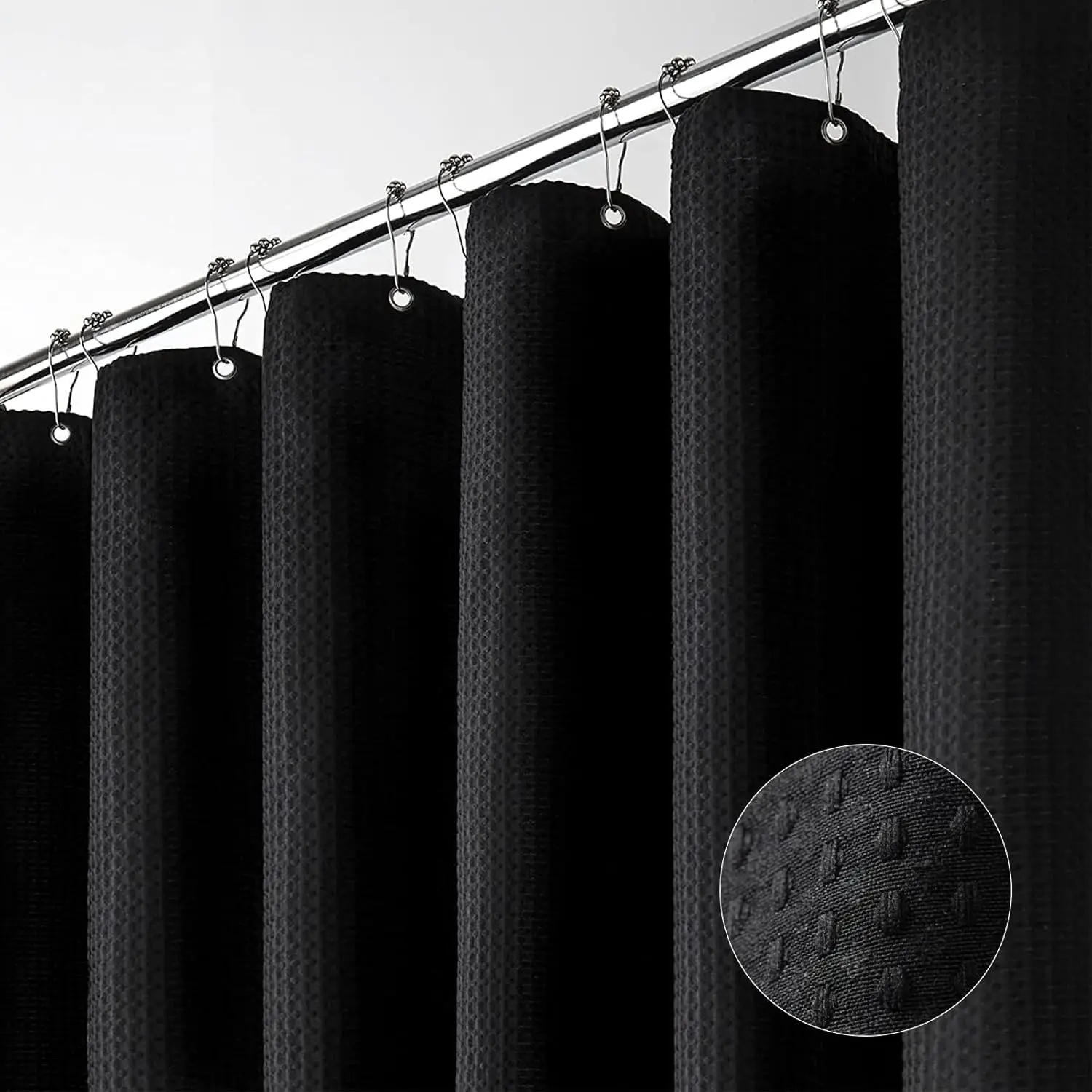 

Waffle Weave Heavy Duty Fabric Shower Curtain, 256GSM Weighted Hotel Cloth Set with 12 Hooks, 72x72, Black