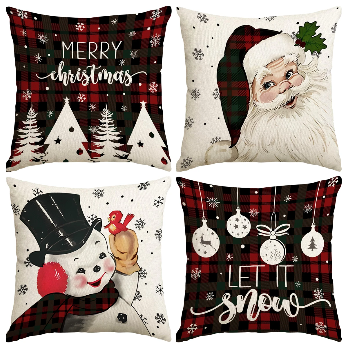 1/4 Stück karierter Weihnachtskissenbezug, Weihnachtsmann, Schneemann, Schneeflocken-Design, Weihnachtskugel, Weihnachtsbaum-Kissenbezug