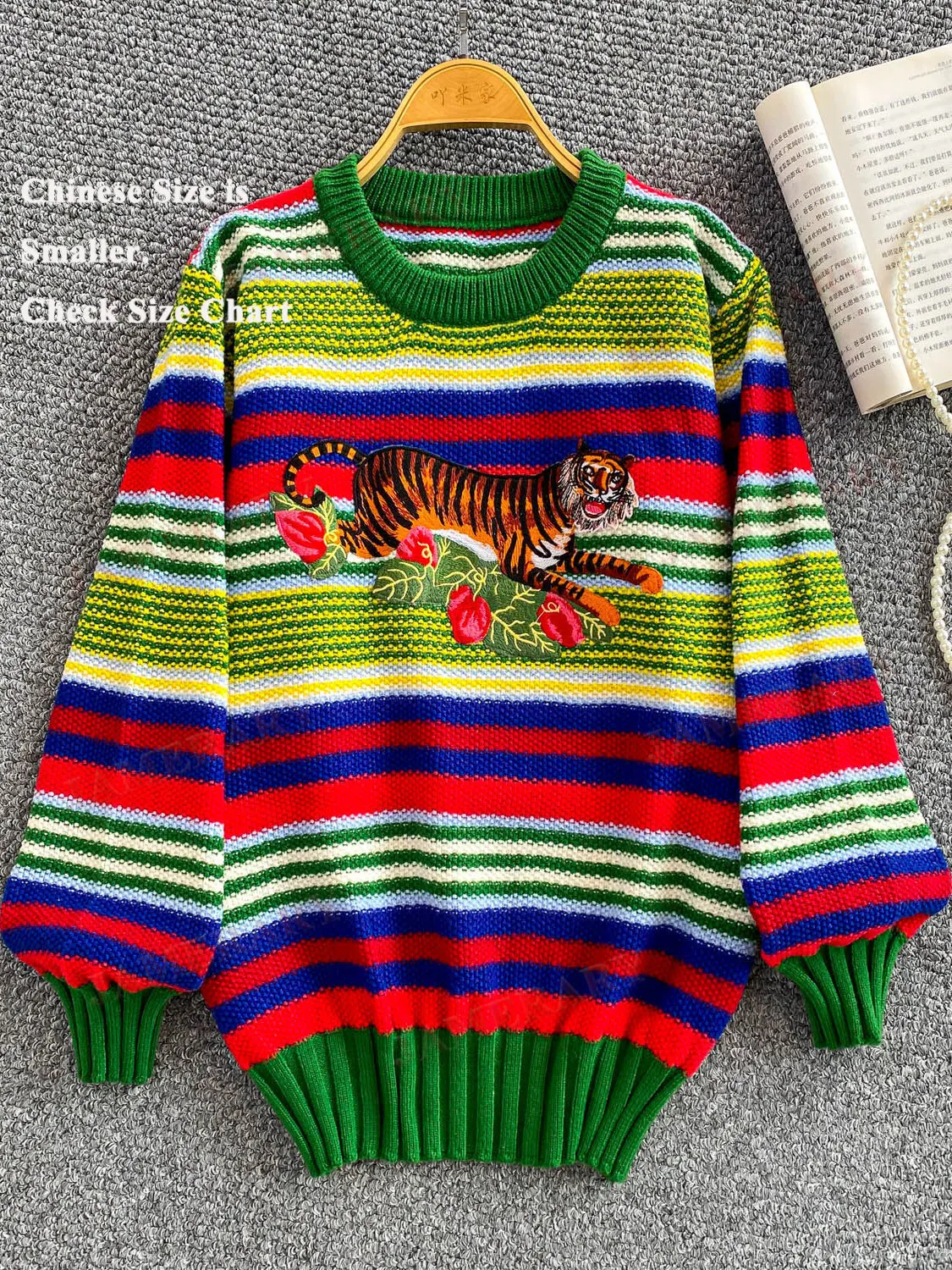 

Autumn Tiger Embroidery Knitted Sweater For Women Colorful Loose Long Sleeve Pullovers Knitwear Winter Clothing