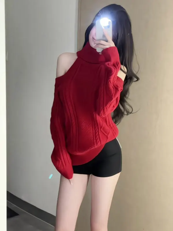 

Красный свитер с высоким воротником и открытыми плечами, уникальный дизайн, красивый, модный, в стиле ретро, вязаный топ для молодых женщин.