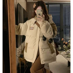 Brown Down Jacket Women Coat Black Hooded Fashion American Streetwear Y2K Style Duck Down Feather Female Winter Short Outwear