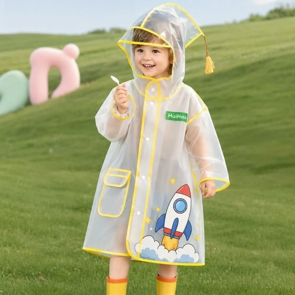 Cute EVA Kid Raincoat Transparent Waterproof Rain Coat Jacket Dinosaur Hooded Style Student Rainwear Outdoor Use