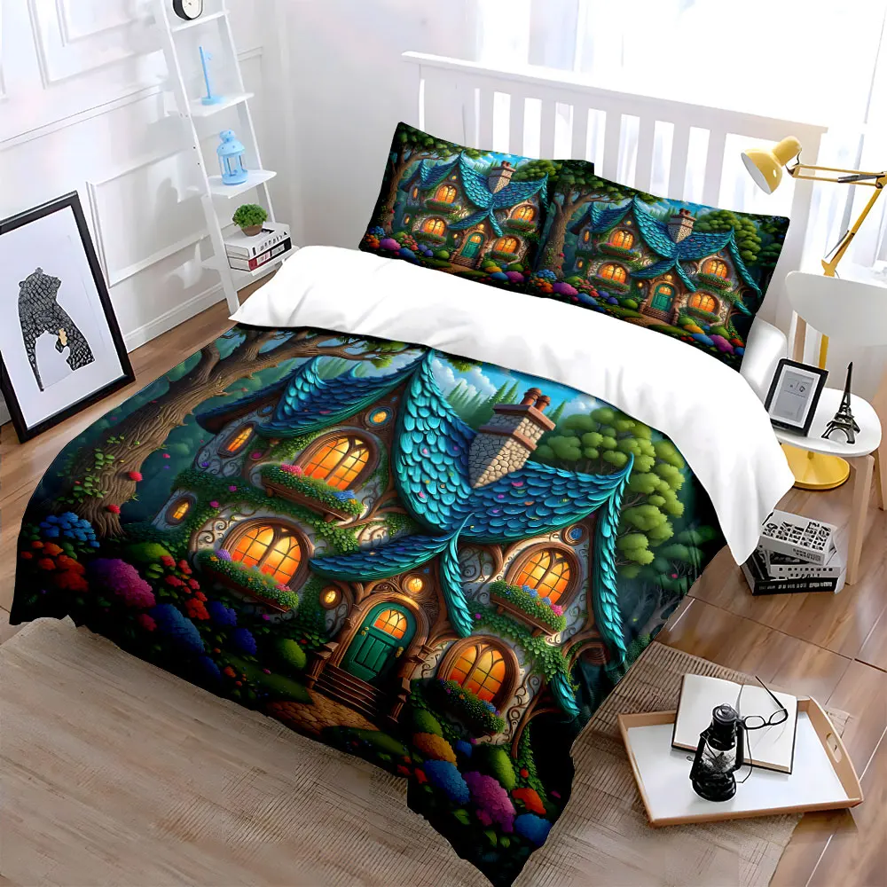 Fairy-tale colorful forest cottage Print Bedding Set 1 Duvet Cover 2 Pillowcases for Adult and Children Luxury Gift Full Size