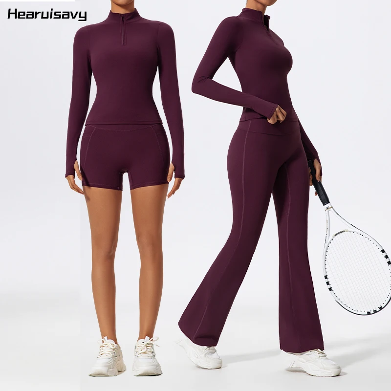 Hearuisavy Summer Half Zipper Yoga Suit Outdoor Workout Clothing Gym Set Women Flared Pants 2Pcs Sports Long Sleeves Shirt Suit
