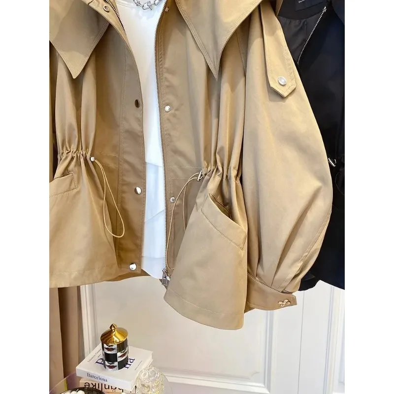 2024 Fashion Design Trend Niche Loose Casual Drawstring Waist Tooling Trench Coat Coat Spring and Autumn Short