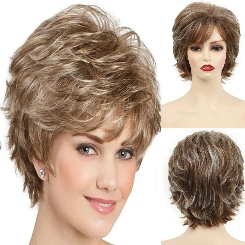 Cute Mommy Synthetic Hair Brown Short Curly Wigs with Bangs Ombre Hairstyle Loose Wave Daily Party Wigs for Women Perucas