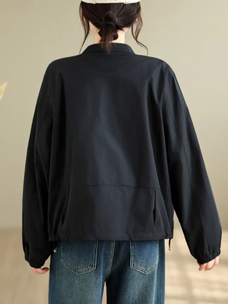 Fashionable Simple Stand Collar Pleated Motorcycle Jacket Women's Autumn High-End Short Top Outerwear Age-Defying Casual Wear