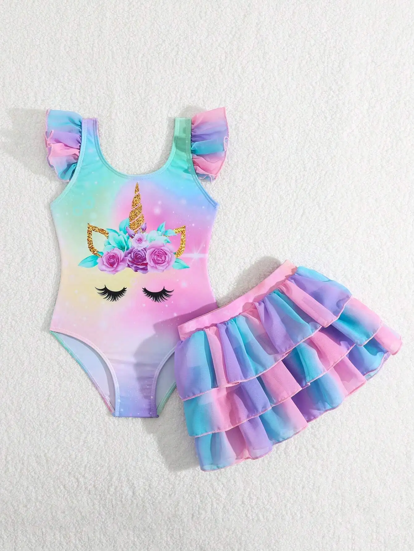 

Two-Piece Pastel Unicorn Print One-Piece Swimsuit With Tiered Ruffle Skirt Cover-Up For Girls Summer Beachwear