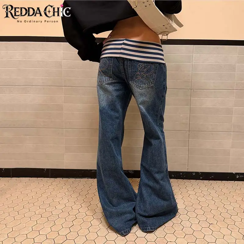 REDDACHiC Trendy Striped Patchwork Flared Jeans Vintage Embroidery Pocket Low Rise Baggy Denim Bell Bottom Y2K Woman Streetwear