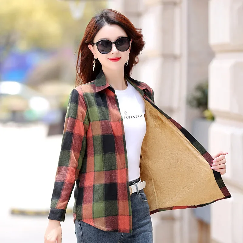 Thick Warm Women\'s Winter Slim Plaid Shirt Female Oversied Long Sleeve Tops XL-5XL Fleece Casual Checkered Blouse Women Clothes