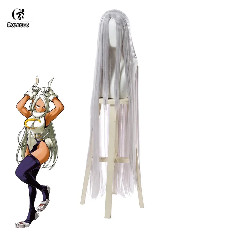 Парик для косплея ROLECOS MHA Rabbit Hero Mirko, длинный прямой парик 120 см, женский косплей из белых волос аниме Miruko