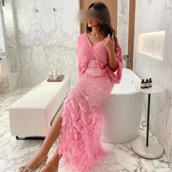 Customized Luxury V-Neck Women Wedding Evening Beaded Feathers Girls Prom Dresses Ankle-Length Party Dresses for Special Ocn