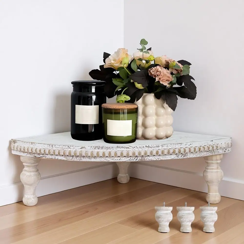 

Vintage White Pedestal Stand, Rustic Decorative Riser, Wooden Counter Shelf with Beaded