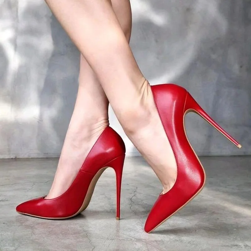

Stylish PU Leather 12cm Stiletto High Heels Pump Red Black Patent Leather Pointed Toe Slip On Shallow Wedding Evening Shoes