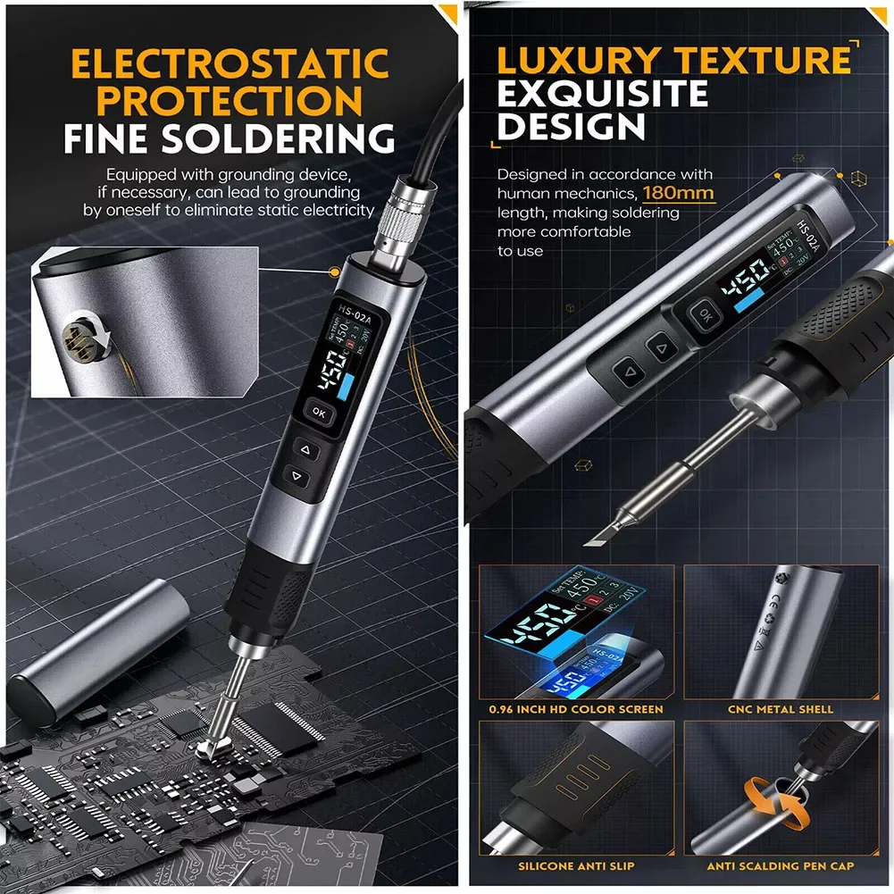 For FNIRSI HS-02 Adjustable Temperature Electric Soldering Iron DC 20V 100-450℃ Soldering Solder Rework Station PD 100W