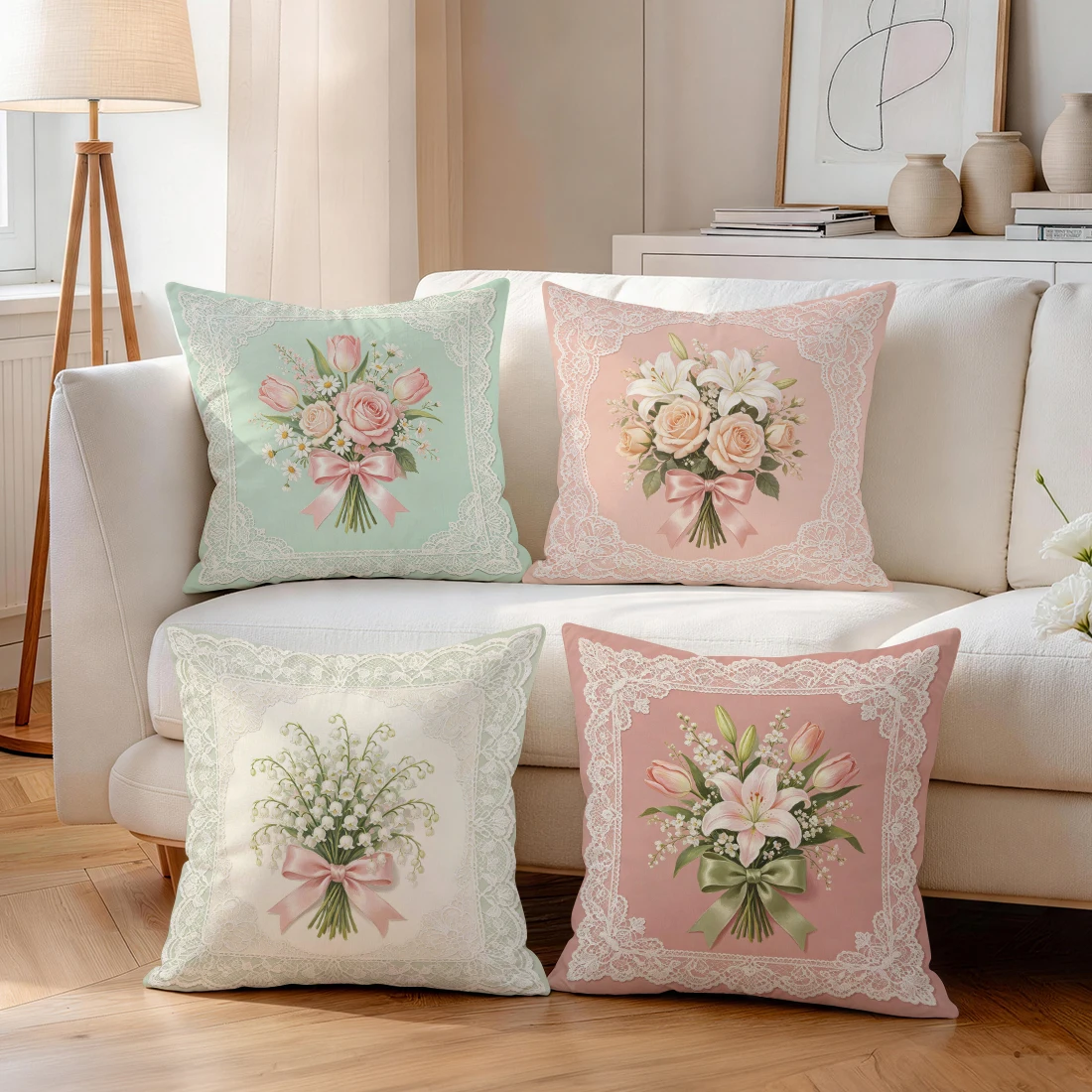 Lace Border Bouquet Pillowcase Printed Polyester 40/45/50cm Throw Pillowcover Decorative Sofa Cushion Pillowslip Home Decor
