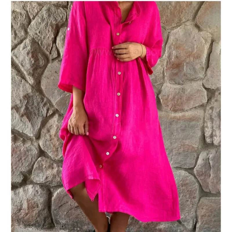 Fashion Casual Solid Cotton Linen Shirt Dress Women Lapel Button Commuting Dress Loose Party Beach Style Dress Vestidos Robe