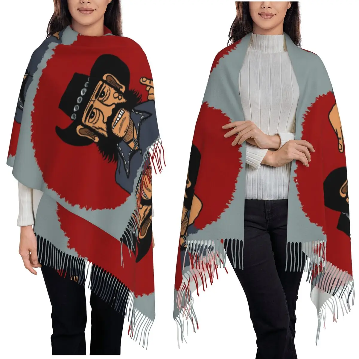 صورة مرسومة من روك ستار Lemmy وشاح شرابة الأوشحة للنساء شالات دافئة ناعمة ويلتف شال طويل الخريف والشتاء